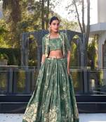 green silk blend printed traditional lehenga choli with free size upto 42