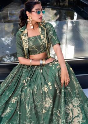 green silk blend printed traditional lehenga choli with free size upto 42 2
