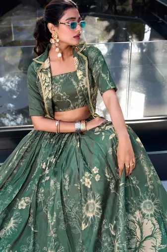 green silk blend printed traditional lehenga choli with free size upto 42