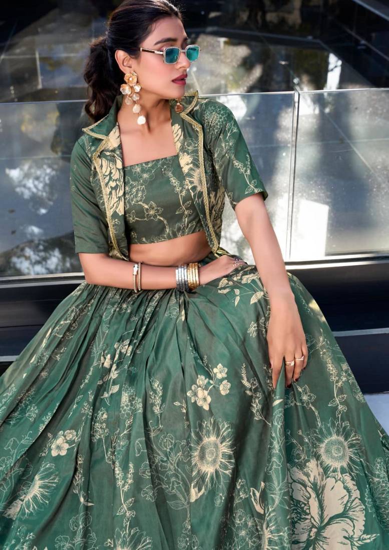 green silk blend printed traditional lehenga choli with free size upto 42