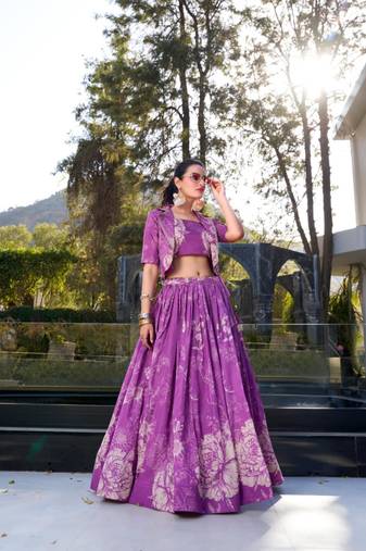 purple silk blend printed traditional lehenga choli with free size upto 42