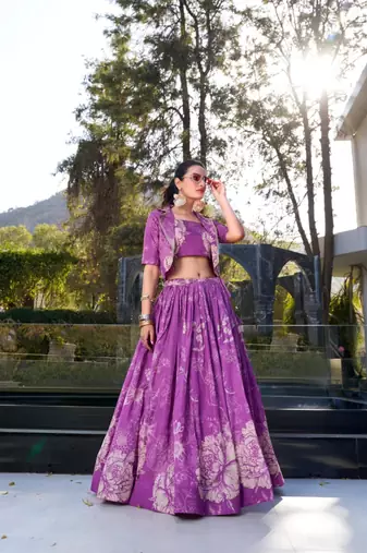 purple silk blend printed traditional lehenga choli with free size upto 42