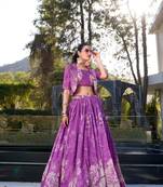 purple silk blend printed traditional lehenga choli with free size upto 42