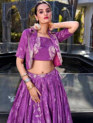 purple silk blend printed traditional lehenga choli with free size upto 42 2