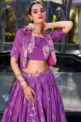 purple silk blend printed traditional lehenga choli with free size upto 42