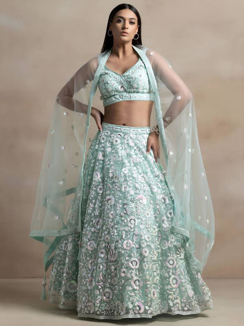 sea green net embroidered traditional lehenga choli