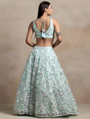 sea green net embroidered traditional lehenga choli 2