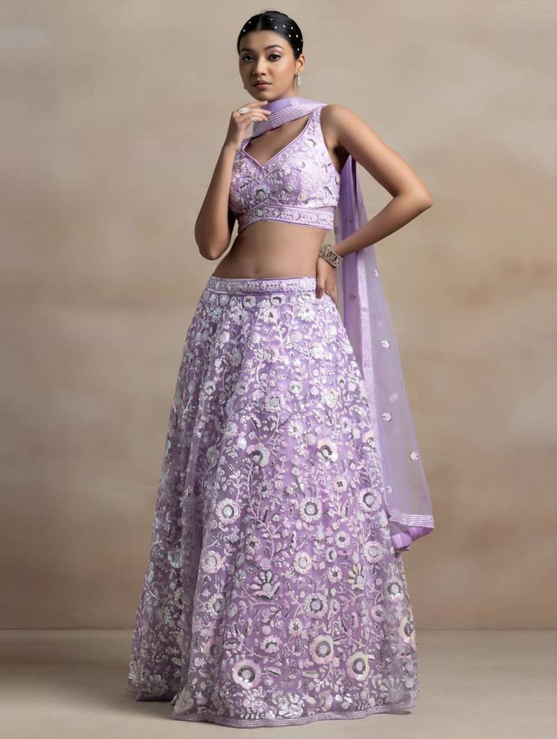 lavender net embroidered traditional lehenga choli