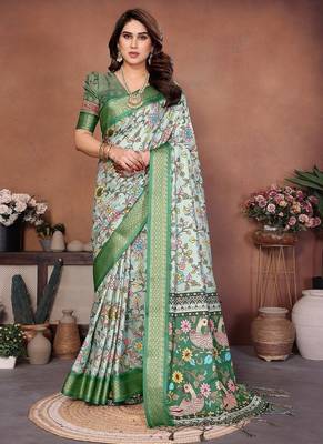 light green color digital print work cotton blend saree 1