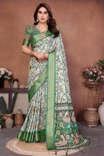 light green digital print work cotton blend saree