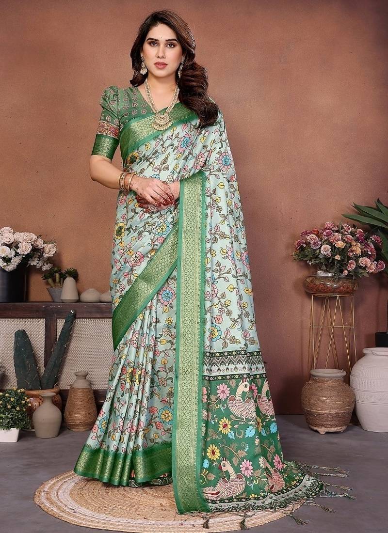 light green color digital print work cotton blend saree