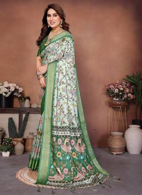 light green color digital print work cotton blend saree 2