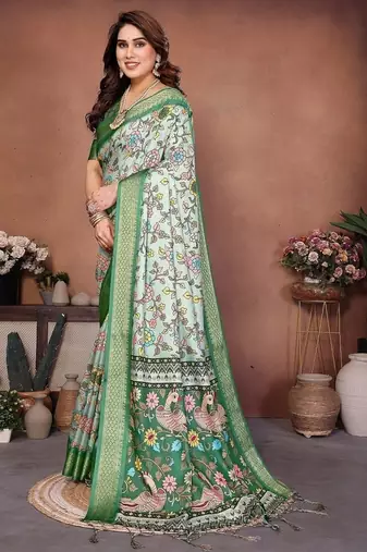 light green digital print work cotton blend saree