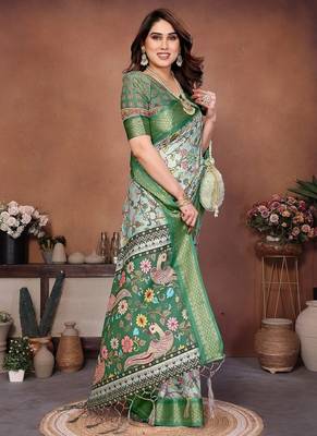 light green color digital print work cotton blend saree 3