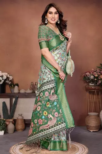 light green digital print work cotton blend saree