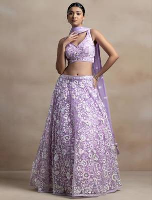 lavender net embroidered traditional lehenga choli 4
