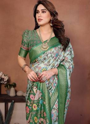 light green color digital print work cotton blend saree 4