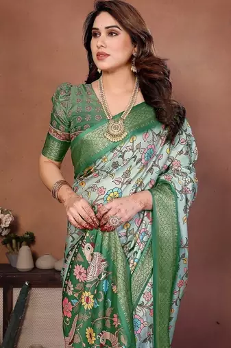 light green digital print work cotton blend saree