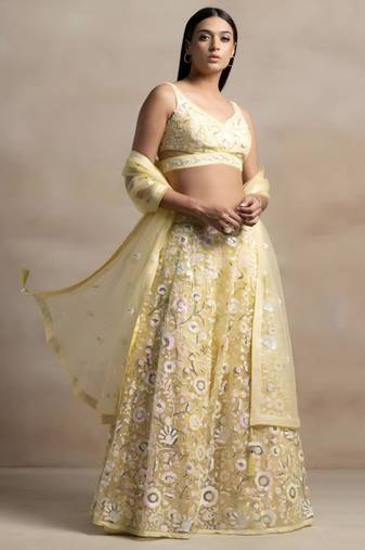 yellow net embroidered traditional lehenga choli