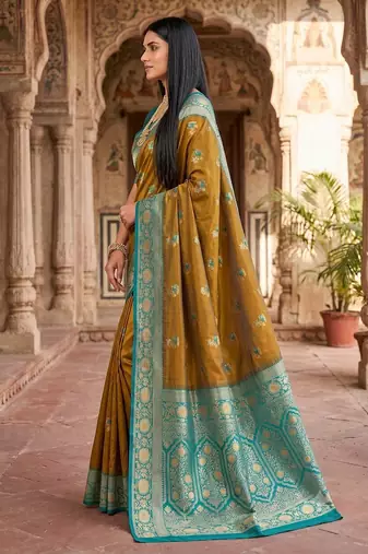 Mustard  soft banarasi silk saree with zari weaving meenakari design