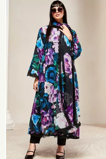 Women Floral Embroidered Empire Thread Work Kurta with Trousers & With Dupatta