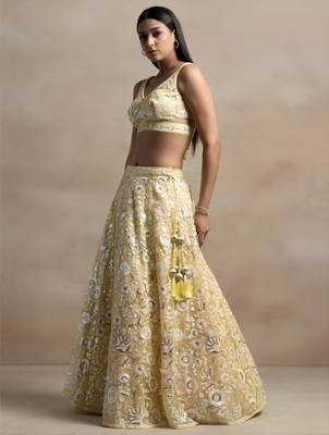 yellow net embroidered traditional lehenga choli 2