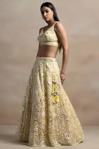 yellow net embroidered traditional lehenga choli