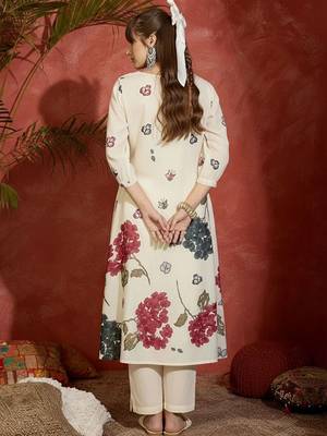 Women Floral Printed Beads and Stones Cotton Kurta with Trousers 5