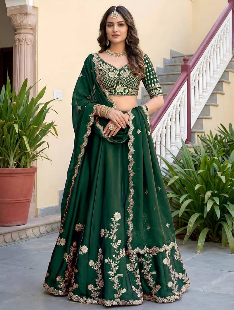 green silk blend embroidered traditional lehenga choli