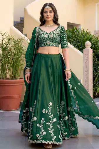 green silk blend embroidered traditional lehenga choli