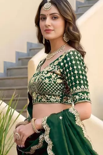 green silk blend embroidered traditional lehenga choli