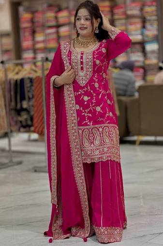 designer pink chinon silk blend  sharara suit