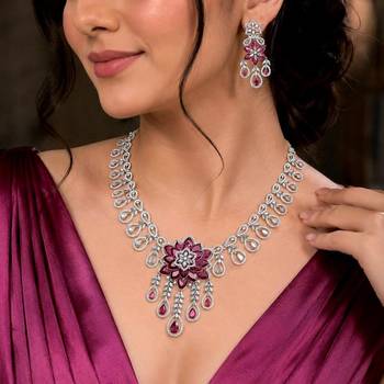ruby pink floral bridal jewellery set, marquise cut flower necklace, dangle earrings 1