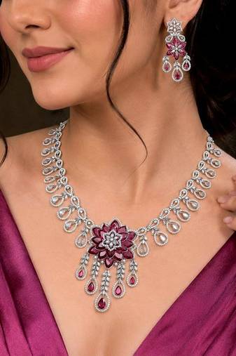 ruby pink floral bridal jewellery set, marquise cut flower necklace, dangle earrings