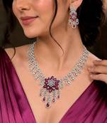 ruby pink floral bridal jewellery set, marquise cut flower necklace, dangle earrings