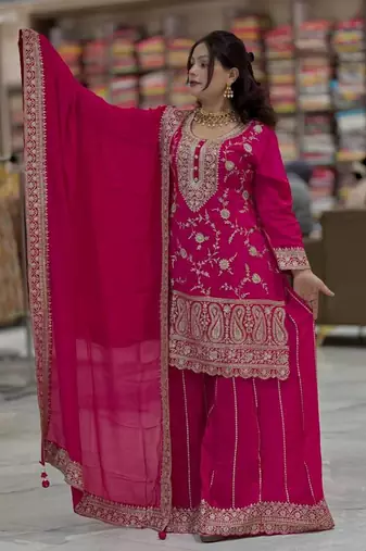 designer pink chinon silk blend  sharara suit