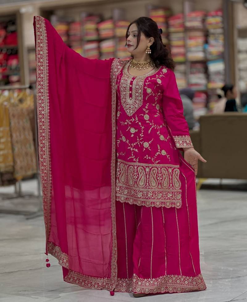designer pink chinon silk blend  sharara suit