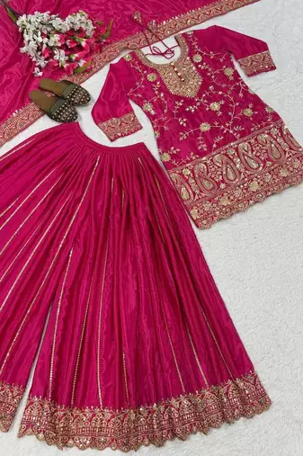 designer pink chinon silk blend  sharara suit