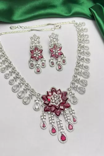 ruby pink floral bridal jewellery set, marquise cut flower necklace, dangle earrings