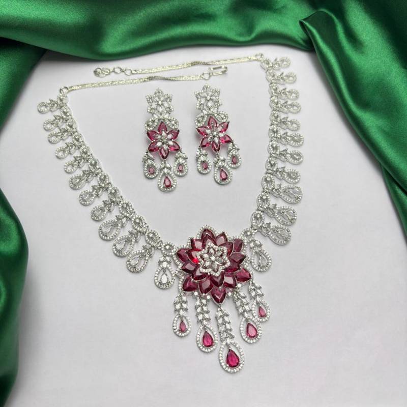 ruby pink floral bridal jewellery set, marquise cut flower necklace, dangle earrings