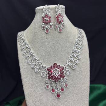 ruby pink floral bridal jewellery set, marquise cut flower necklace, dangle earrings 3