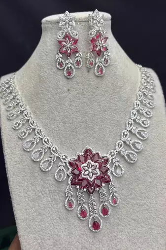 ruby pink floral bridal jewellery set, marquise cut flower necklace, dangle earrings