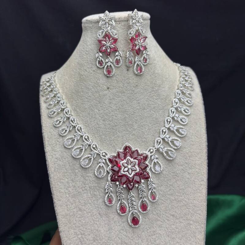 ruby pink floral bridal jewellery set, marquise cut flower necklace, dangle earrings