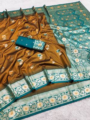 Mustard  soft banarasi silk saree with zari weaving meenakari design 4