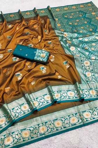 Mustard  soft banarasi silk saree with zari weaving meenakari design