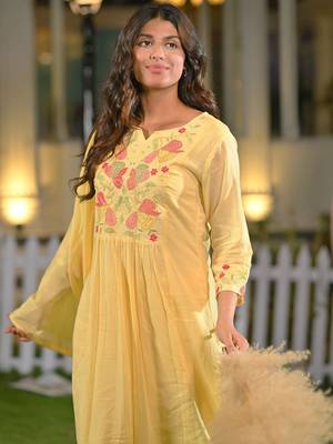 Floral Yoke Design Thread Work Cotton A-Line Kurta With Trousers & Dupatta 1