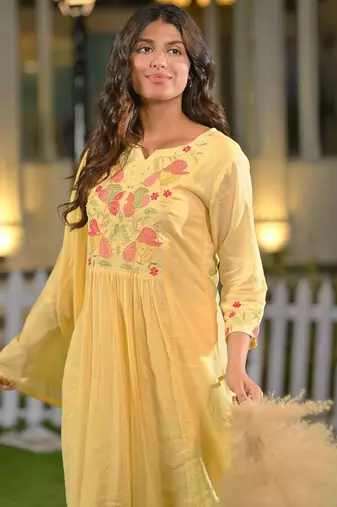 Floral Yoke Design Thread Work Cotton A-Line Kurta With Trousers & Dupatta