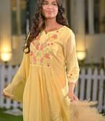 Floral Yoke Design Thread Work Cotton A-Line Kurta With Trousers & Dupatta