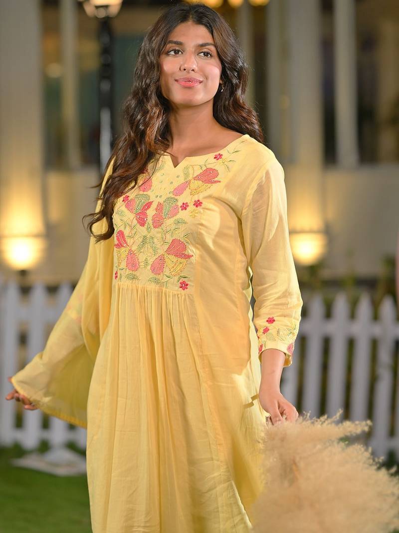Floral Yoke Design Thread Work Cotton A-Line Kurta With Trousers & Dupatta
