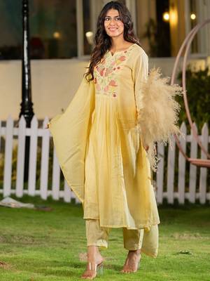 Floral Yoke Design Thread Work Cotton A-Line Kurta With Trousers & Dupatta 2